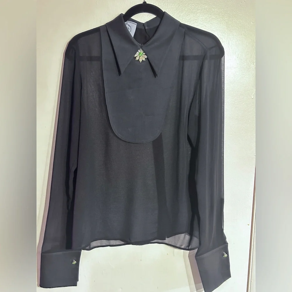 Rare Prada Milano Sheer Black Bib Blouse w/ Sewn Floral Brooch – Vintage